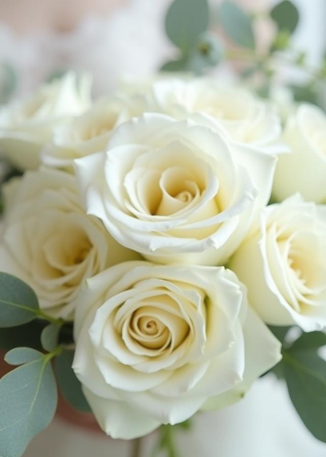 Dettaglio di un bouquet da sposa con rose bianche e eucalipto, tenue e raffinato.