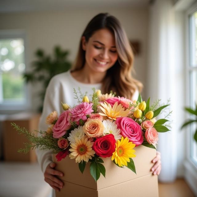Una persona riceve un bouquet di fiori freschi a casa tramite un servizio di abbonamento.